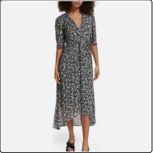 Scotch & Soda Draped Knot Detail Midi Dress Womens 36 Black White Floral Print